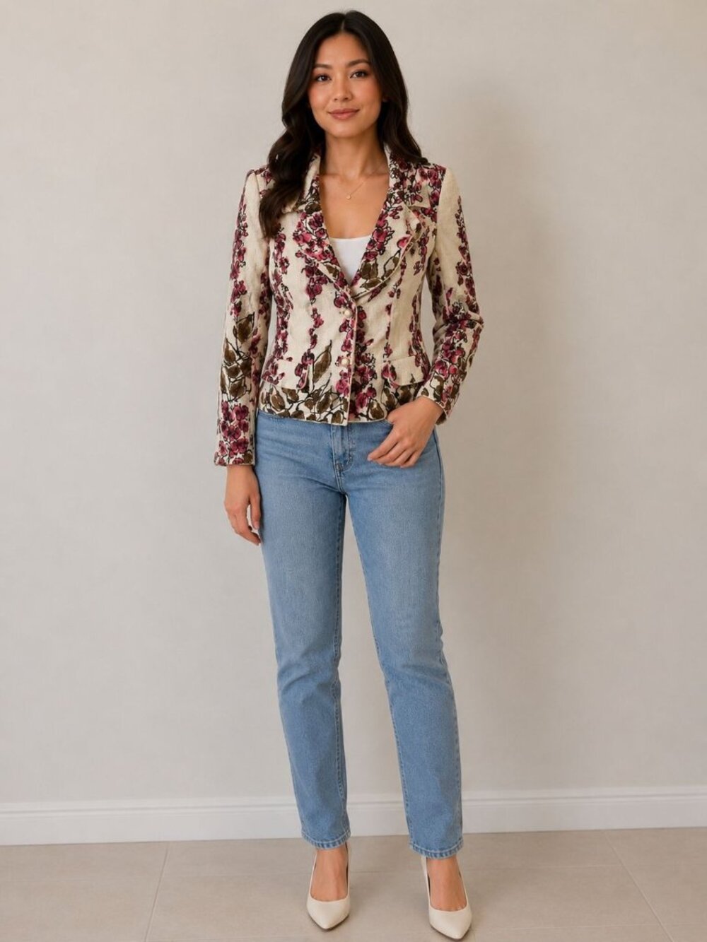 NWT $1549 Genny Floral Shawl Collar Tailored Blazer Pink Cream Size 4